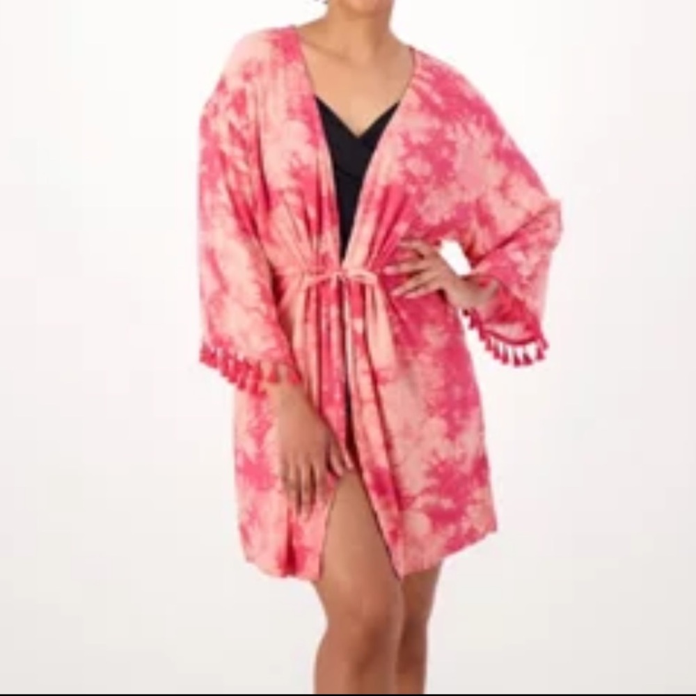 D & Co Beach Kaftan Kimono Coverup Womens Size 1X Tie dye tassels